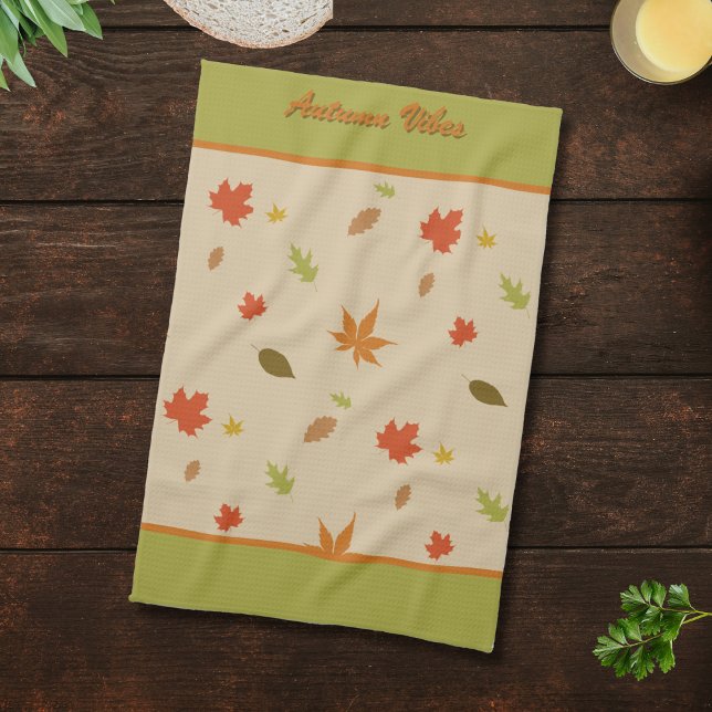 Vertical Colourful Autumn Leaves custom text Tea Towel (Creator Uploaded)