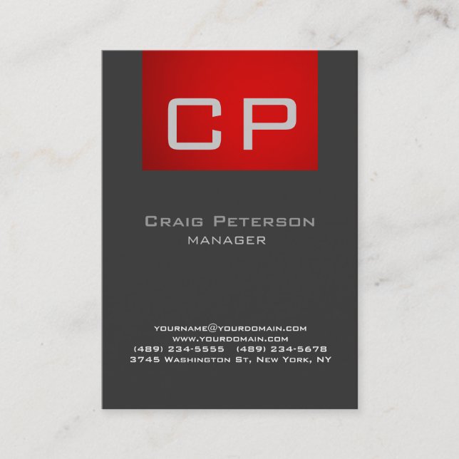 Vertical Creative Grey Red Monogram Business Card (Front)