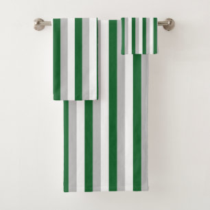 Vertical Forest Green, Silver and White Stripes Bath Towel Set