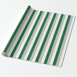 Vertical Forest Green, Silver and White Stripes Wrapping Paper