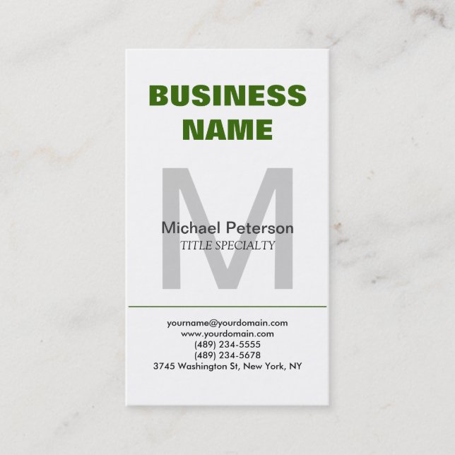 Vertical Green Grey Monogram Business Card (Front)