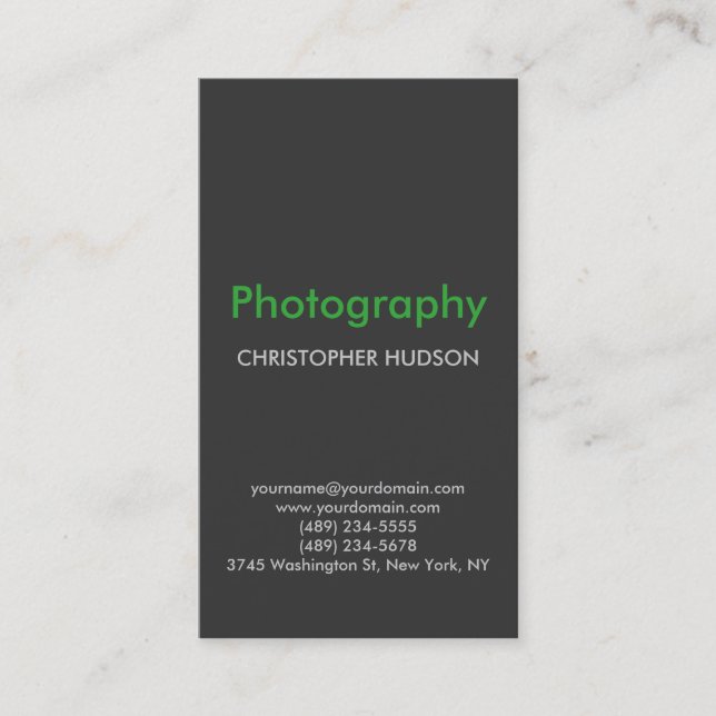 Vertical Green Grey Photography Business Card (Front)
