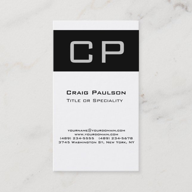 Vertical Grey Black White Monogram Business Card (Front)