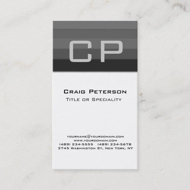 Vertical Grey Black White Monogram Business Card (Front)