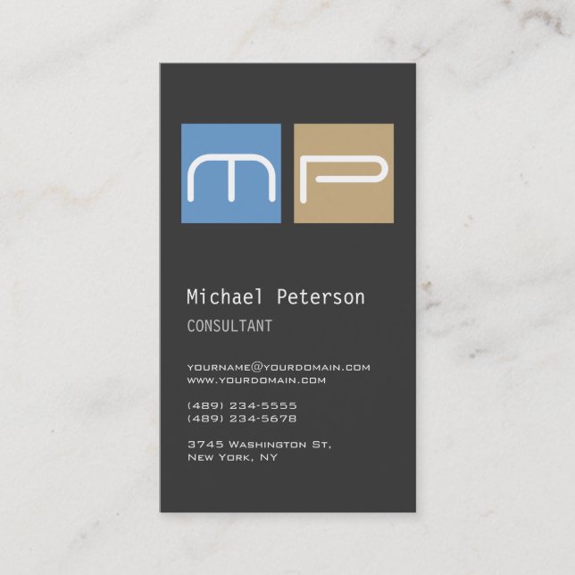 Vertical Grey Blue Beige Monogram Business Card (Front)