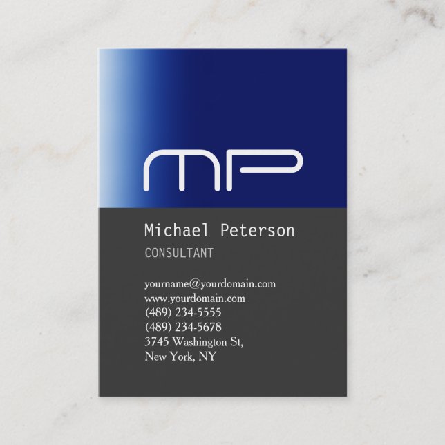 Vertical Grey Blue Stripe Monogram Business Card (Front)