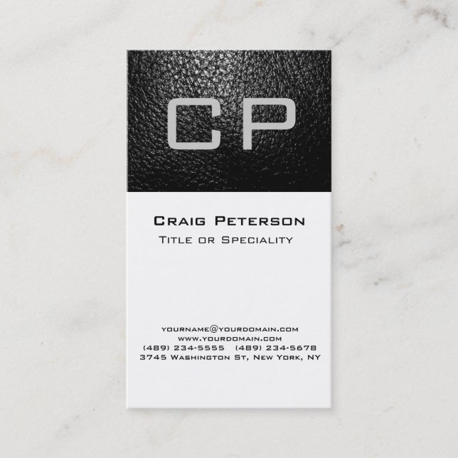 Vertical Grey Leather White Monogram Business Card (Front)