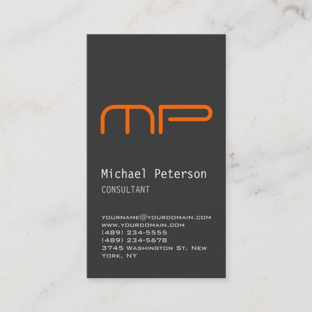 Vertical Grey Orange Monogram Business Card (Front)