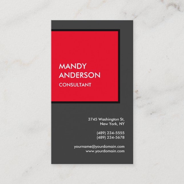 Vertical Grey Red Attractive Minimalist Modern Business Card (Front)