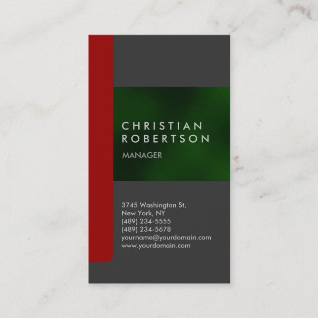 Vertical grey red green trendy business card (Front)