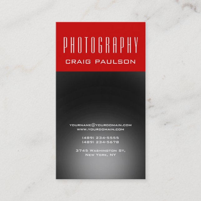 Vertical Grey Red Photography Artist Business Card (Front)
