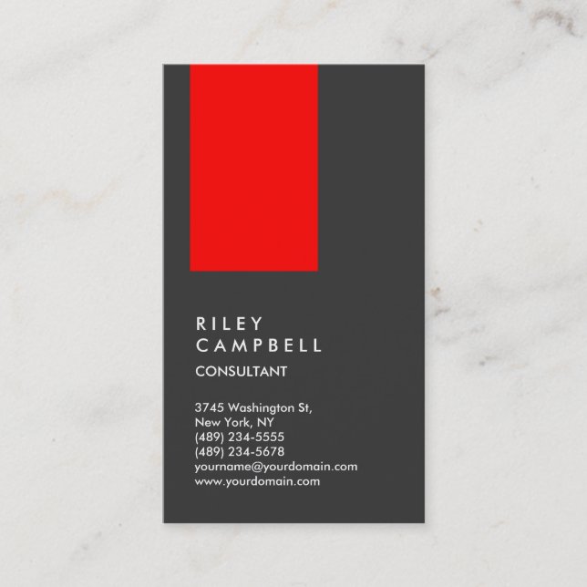 Vertical Grey Red Trendy Consultant Business Card (Front)