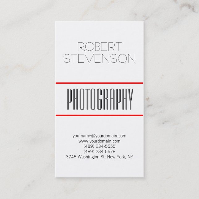 Vertical Grey Red White Photo Artist Business Card (Front)