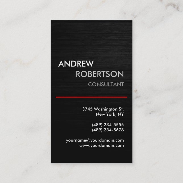 Vertical Grey Red Wood Effect Business Card (Front)