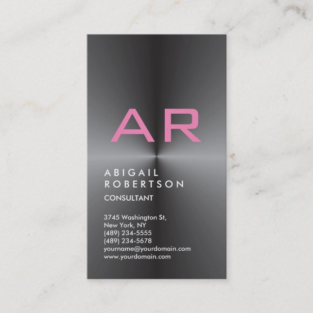 Vertical Grey Trendy Pink Monogram Feminine Business Card (Front)