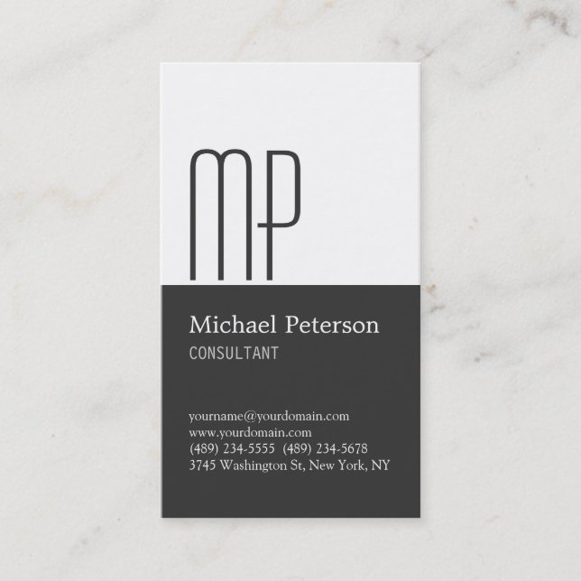 Vertical Grey White Stripe Monogram Business Card (Front)
