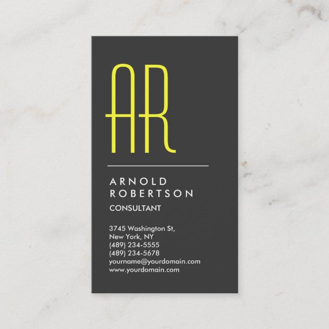 Vertical Grey Yellow Monogram Business Card (Front)