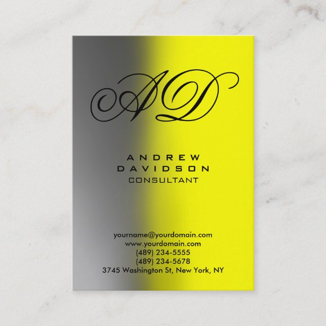 Vertical Grey Yellow Monogram Business Card (Front)