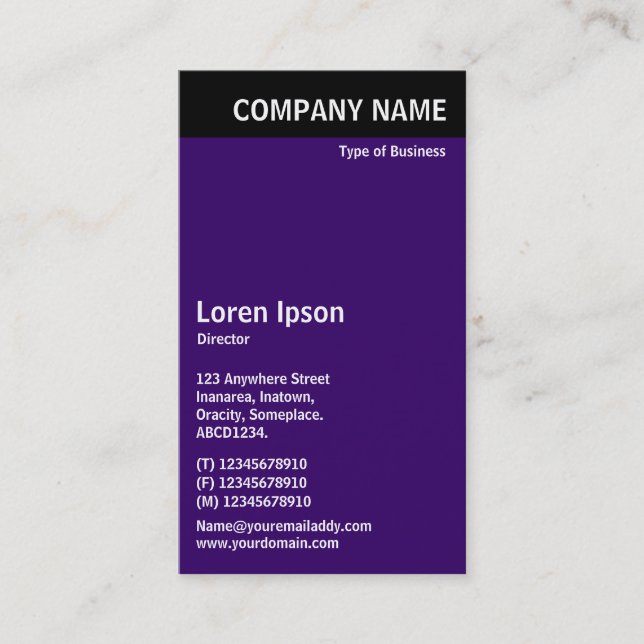 Vertical Header - Black with Deep Purple 330066 Business Card (Front)