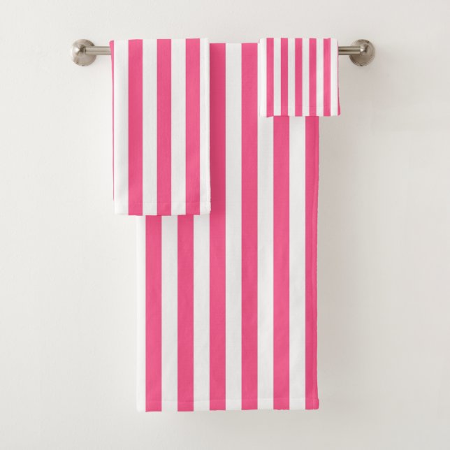 Vertical Hot Pink and White Stripes Bath Towel Set (Insitu)