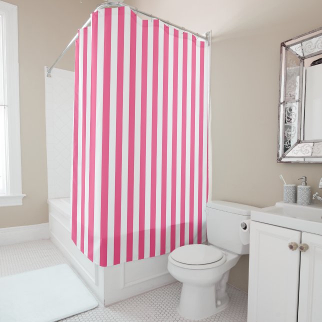 Vertical Hot Pink and White Stripes Shower Curtain (In Situ)