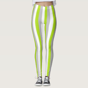 Vertical Lime Green, Silver and White Stripes Leggings