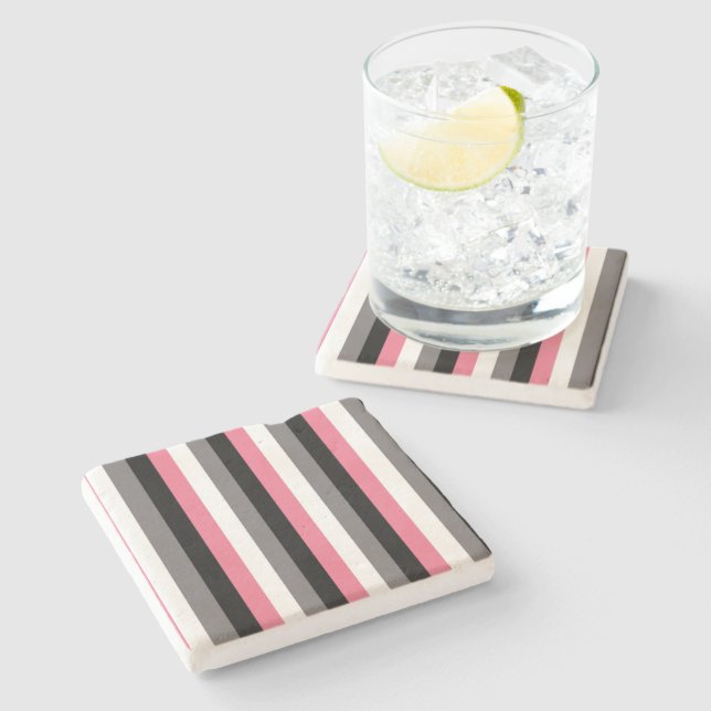 Vertical Lines Pink White Grey Black Stripes Stone Coaster (Side)
