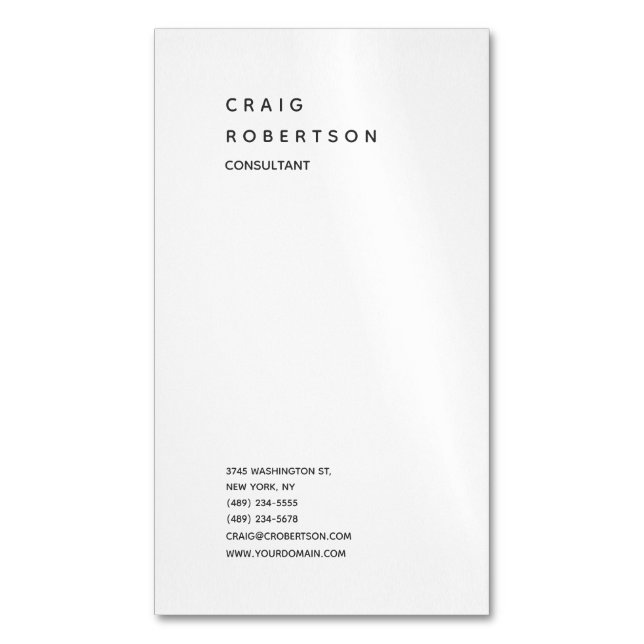 Vertical Minimalist Plain Modern White Trendy Magnetic Business Card (Front Vertical)