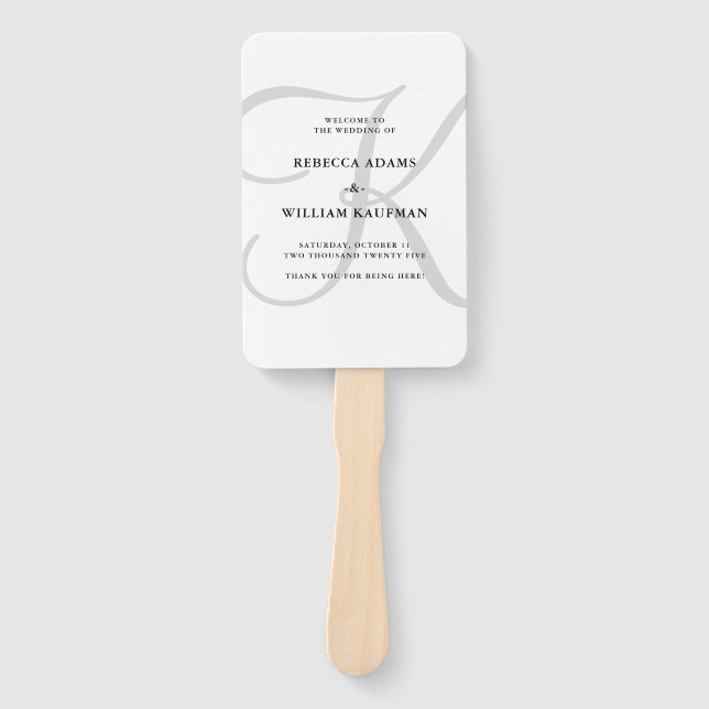 Vertical Modern Classic Monogram in Grey | Wedding Hand Fan (Front)