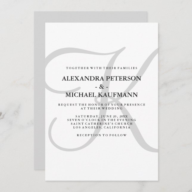 Vertical Modern Classic Monogram in Grey Wedding Invitation (Front/Back)