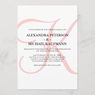 Vertical Modern Classic Monogram in Pink Wedding Invitation
