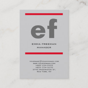 Vertical modern light grey huge monogram red lines business card