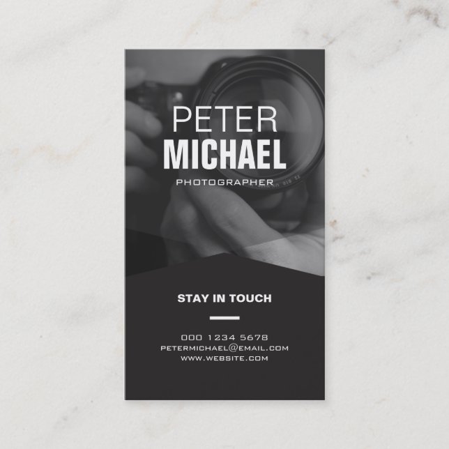 Vertical Modern Minimalist Dark Photographer Business Card (Front)