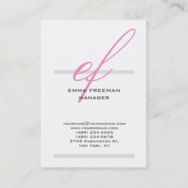 Vertical modern pink grey white huge monogram business card (Front)