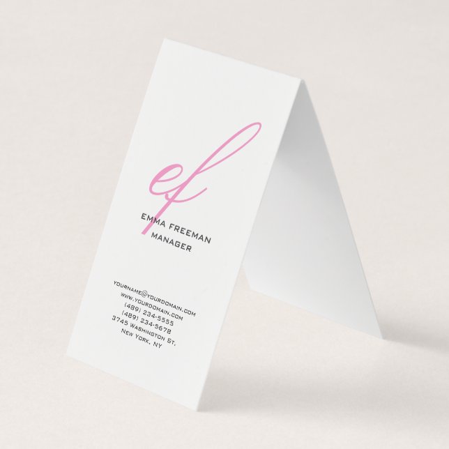 Vertical modern pink grey white huge monogram business card (Front)