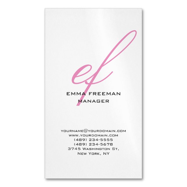 Vertical modern pink grey white huge monogram 	Magnetic business card (Front Vertical)
