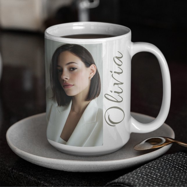 Vertical Moment with Name Coffee Mug (Modern mug with full portrait photo and vertical script name for a sleek editorial look.)