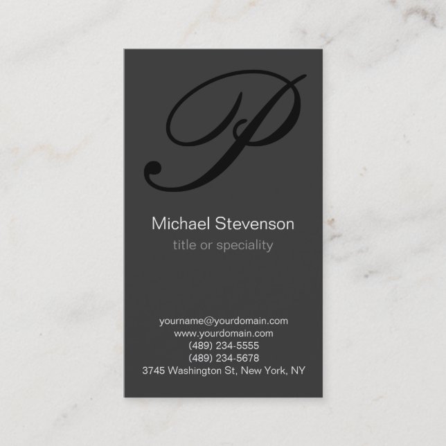 Vertical Monogram Black White Grey Business Card (Front)