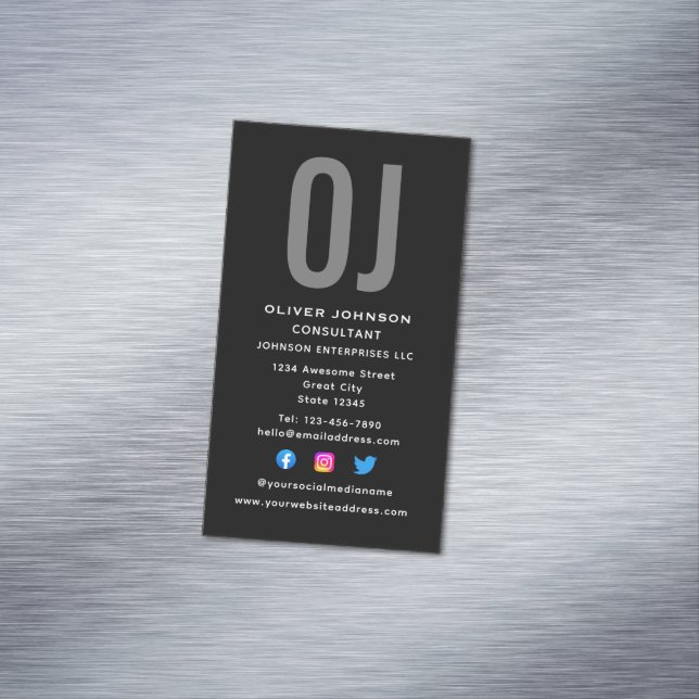 Vertical Monogram Initials Name Black White Grey Magnetic Business Card (In Situ)