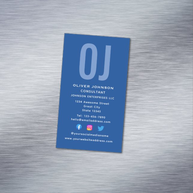 Vertical Monogram Initials Name Blue White Any Job Magnetic Business Card (In Situ)