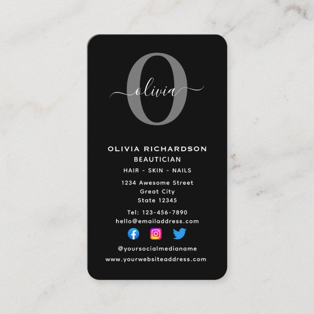 Vertical Monogram Script Name Black White Grey Business Card (Front)