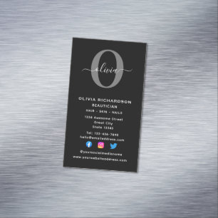 Vertical Monogram Script Name Black White Grey Magnetic Business Card