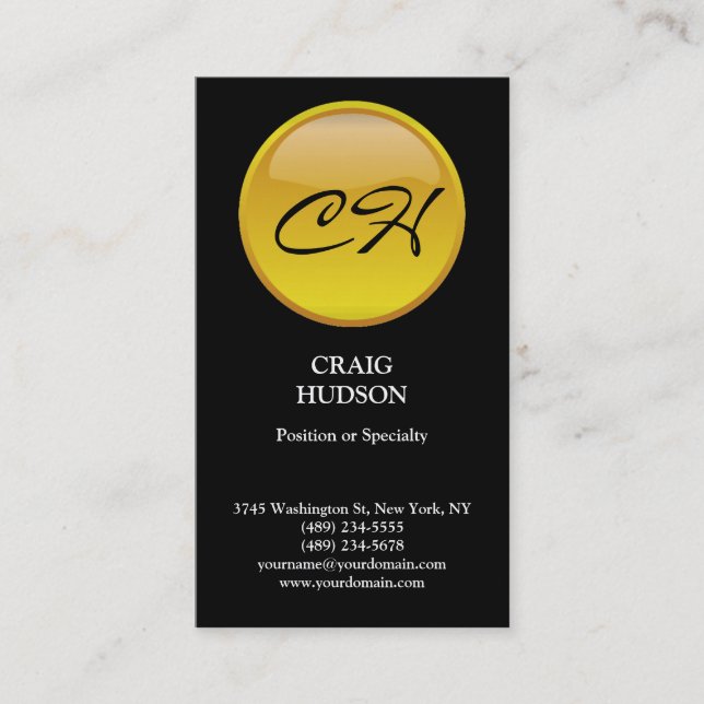 Vertical Monogram Yellow Black Business Card (Front)