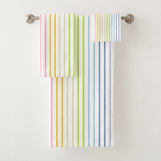 Vertical Outlined Pastel Rainbow Stripes Bath Towel Set (Insitu)