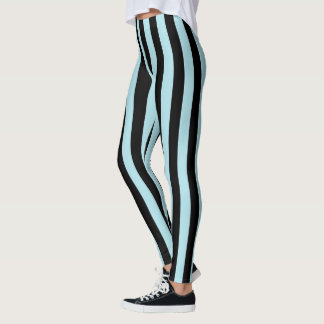 Vertical Pastel Blue and Black Stripes Leggings