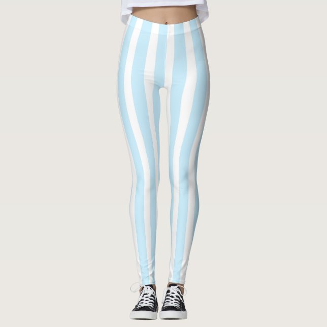 Vertical Pastel Blue and White Stripes Leggings (Front)