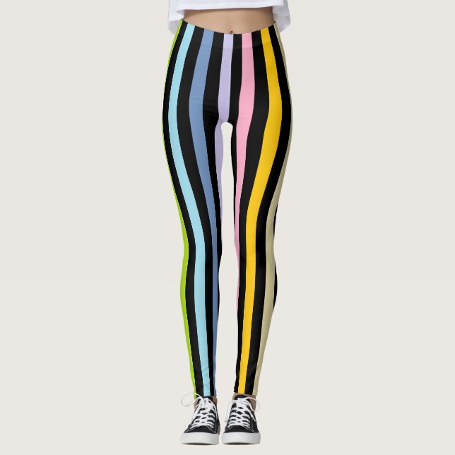 Vertical Pastel Rainbow and Black Stripes Leggings (Front)