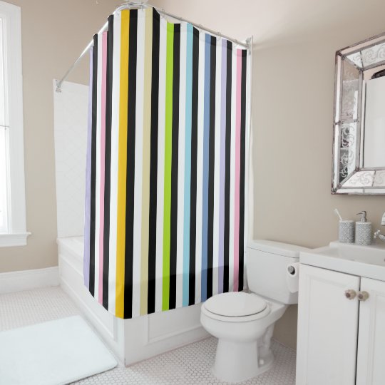 Vertical Pastel Rainbow Black White Stripes Shower Curtain
