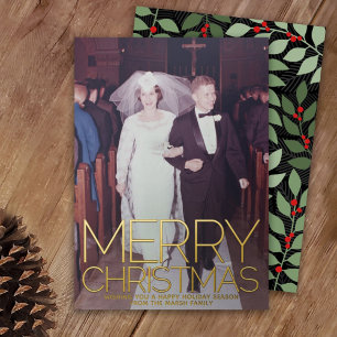 Vertical Photo botanical Merry Christmas - gold Foil Holiday Card