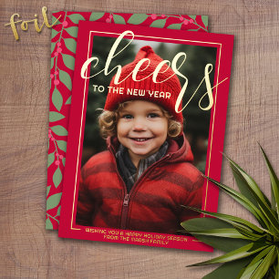 Vertical Photo Cheers to the New Year - Red Border Foil Holiday Card